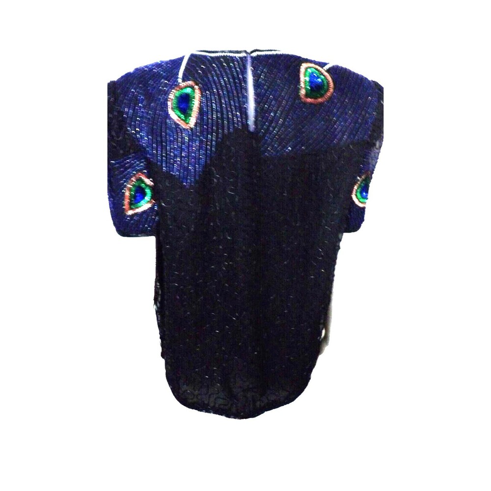 Night Vogue Sequined Beaded Top Shirt Mother of Bride Groom 100% Silk Peacock M - Picture 5 of 12